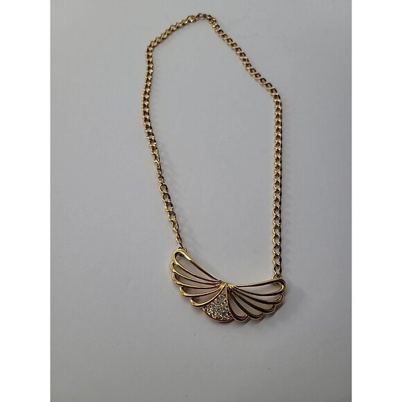 Vintage Necklace Wings Gold Tone White Crystals Chain Jewelry Costume - Picture 9 of 15